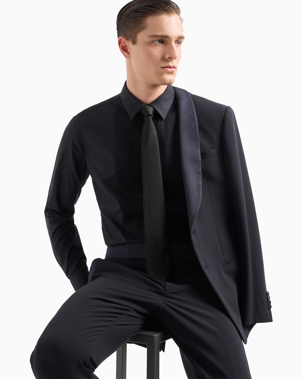 Giorgio Armani Blue Cotton Tuxedo Shirt With Pleated Detail for men
