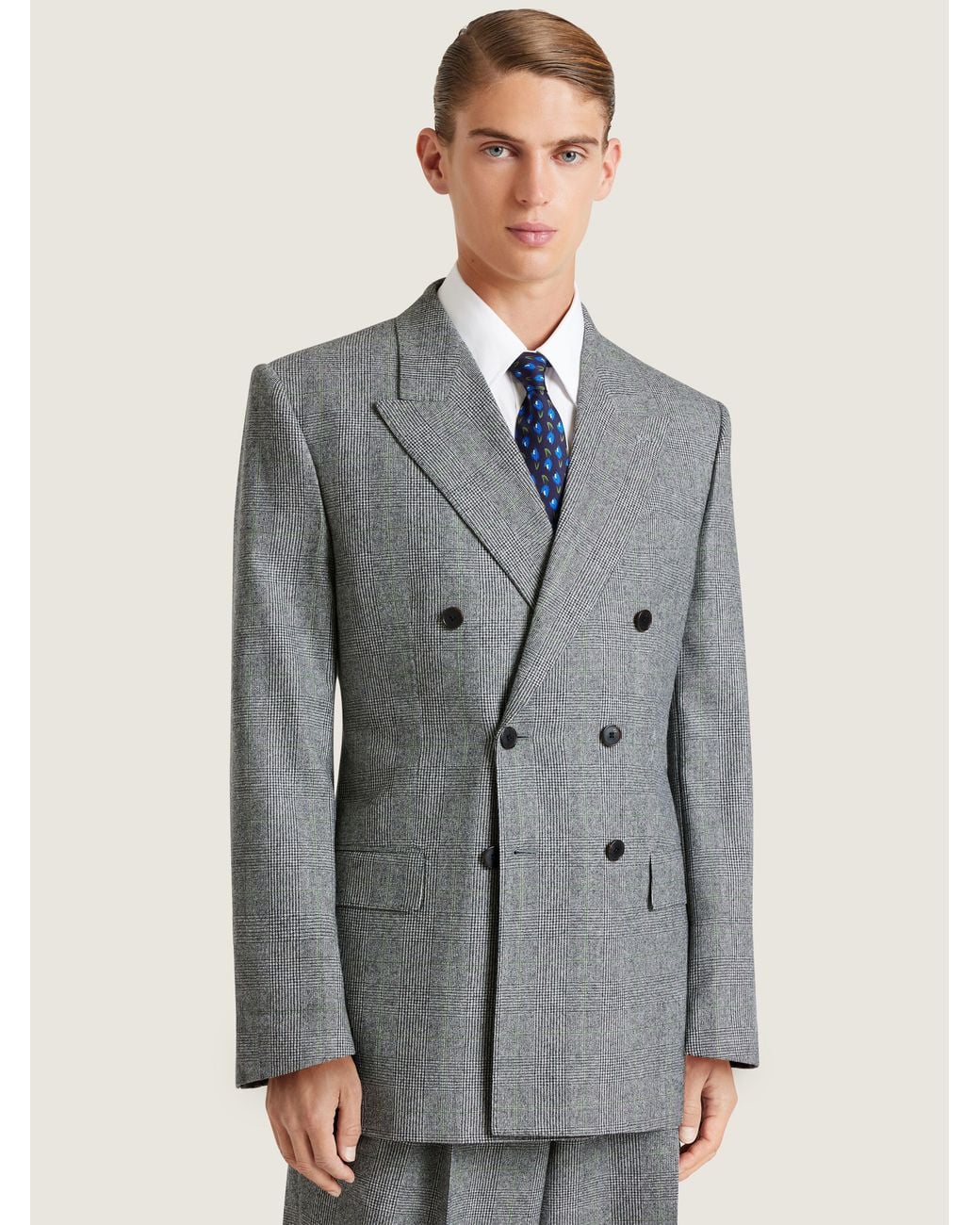 Givenchy Gray Double-Breasted Fitted Checked Jacket for men