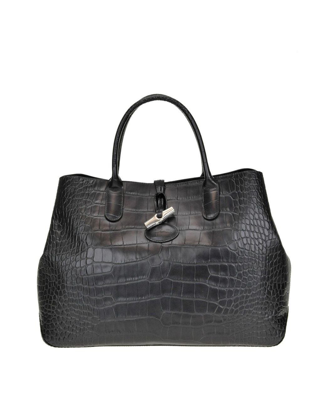 Longchamp Crocodile Print Leather Bag in Black | Lyst