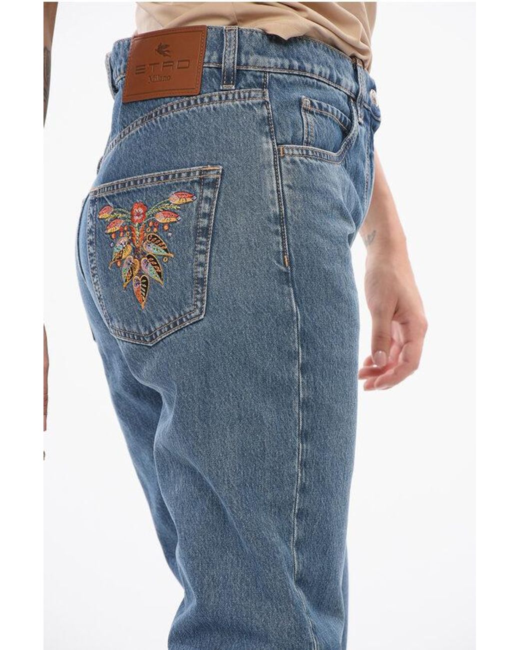 Etro Blue Denim Slim-Fit Jeans Dark-Wash With Embroidered Pockets 18Cm