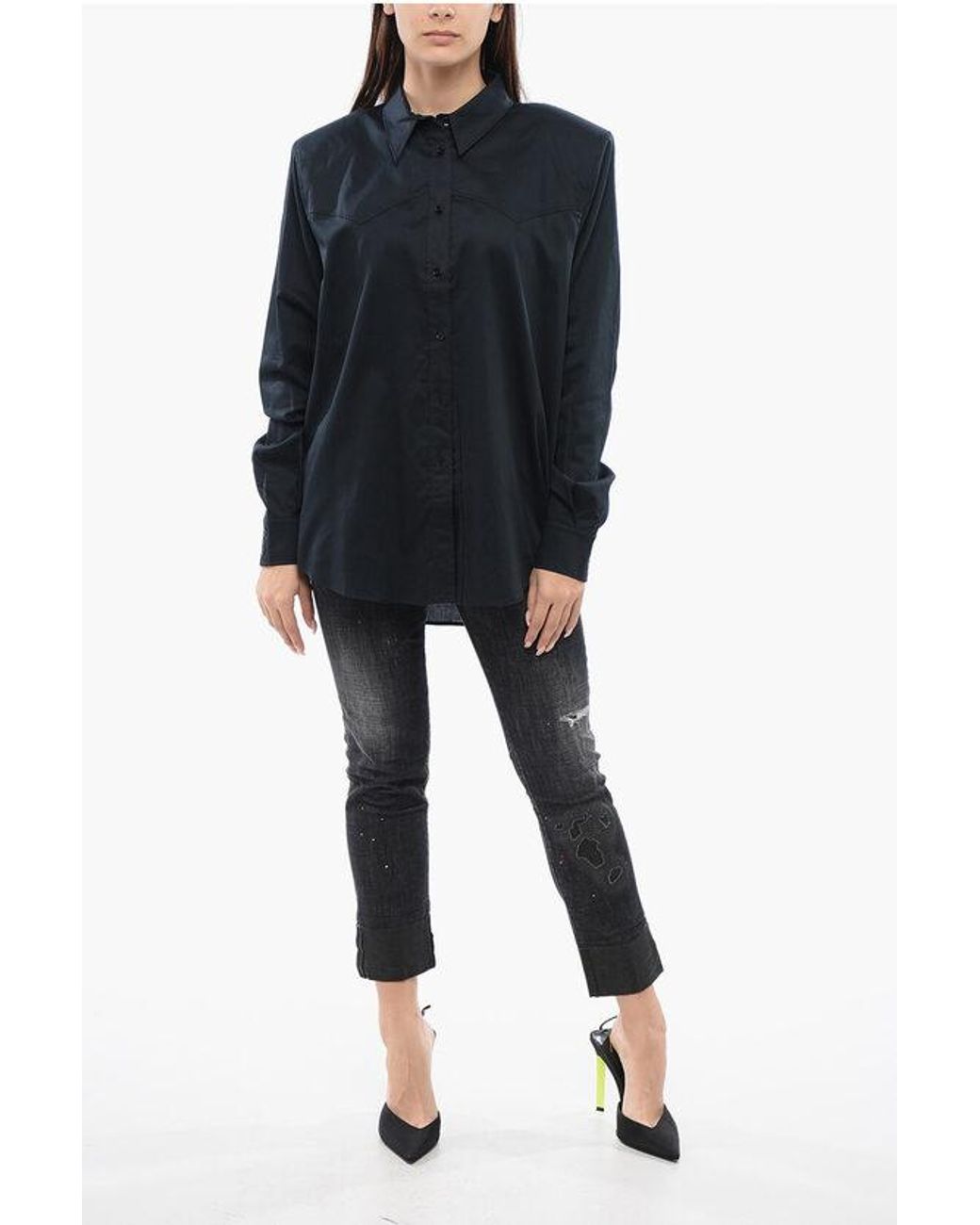 ANDAMANE Black Cotton Blouse With Padded Shoulders