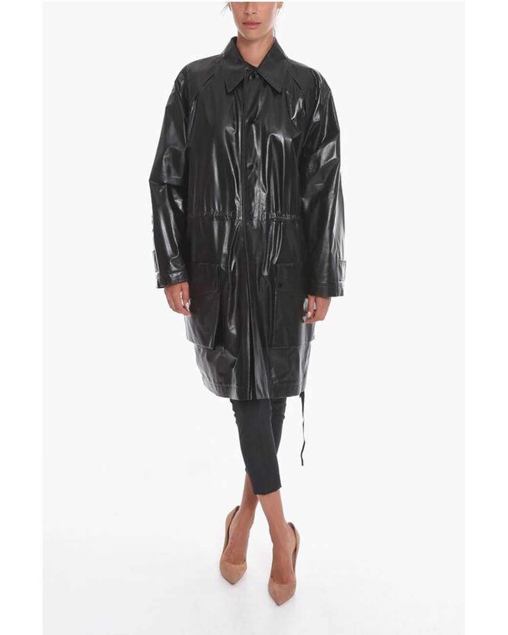 Bottega Veneta Leather Shiny Coat With Drawstring in Black Lyst UK