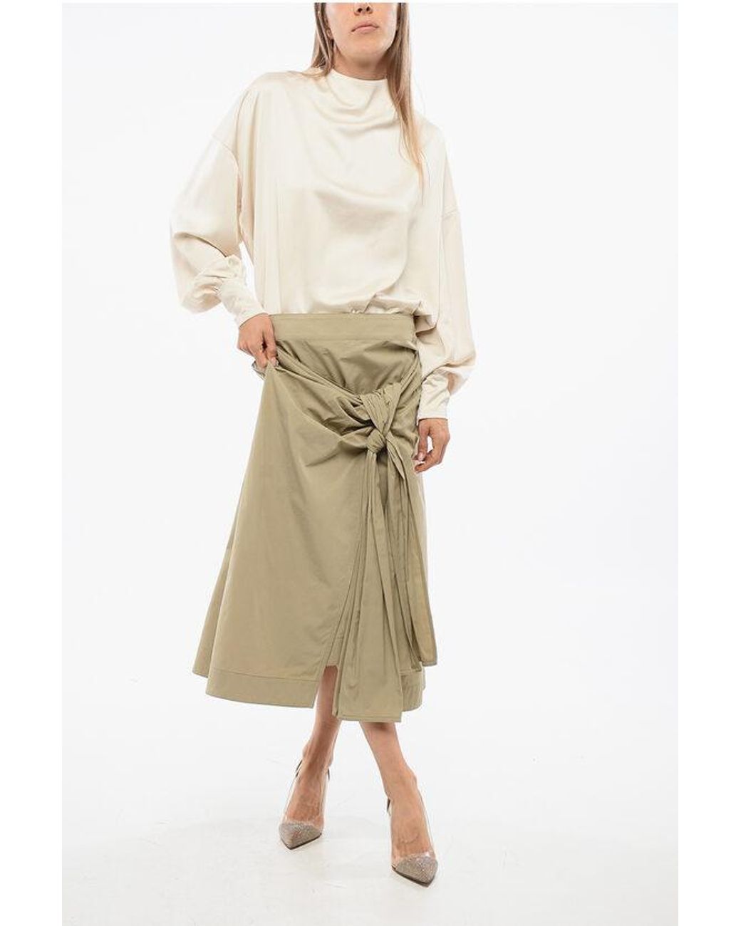 Bottega Veneta Natural Poplin Midi Skirt With Front Draping