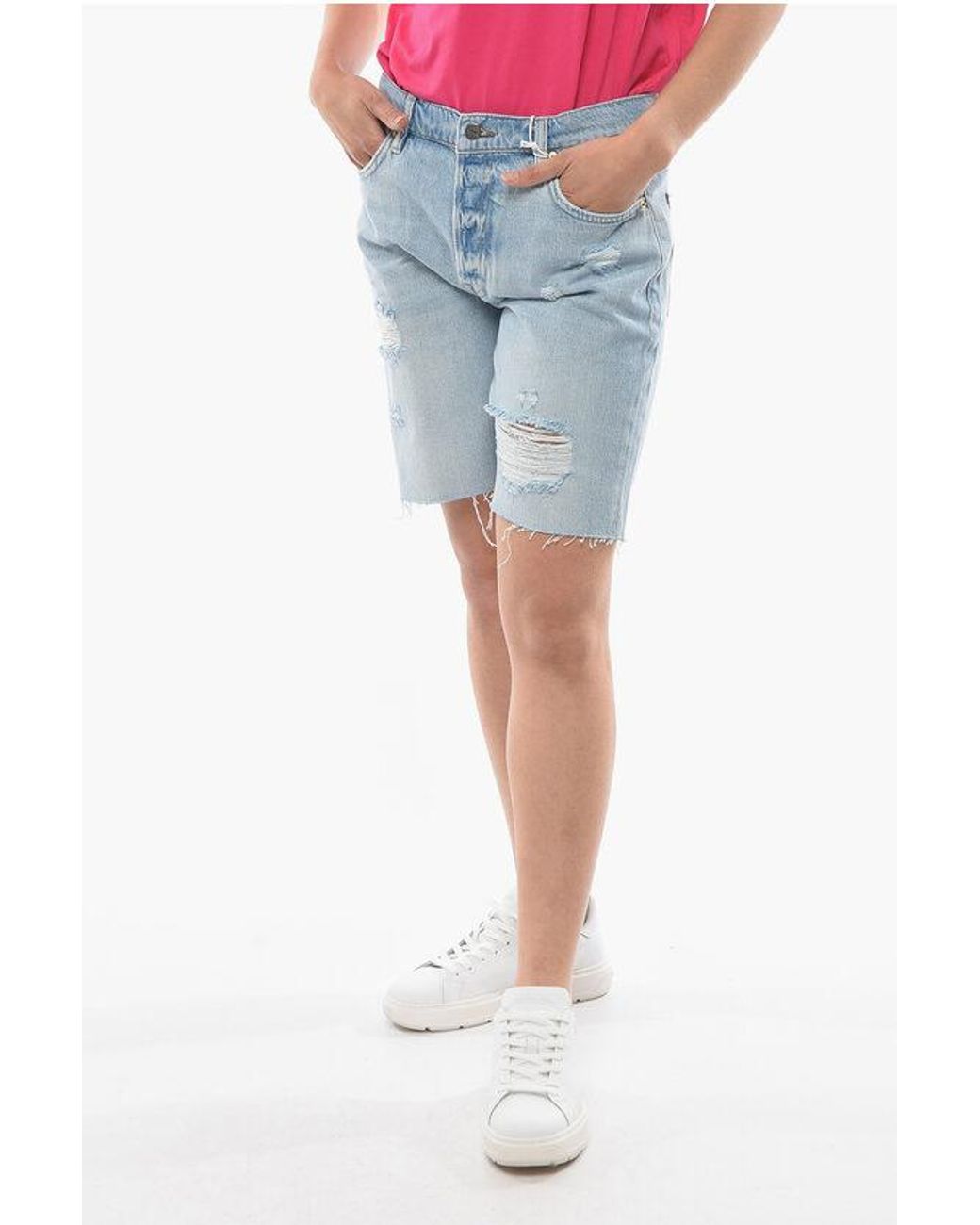 FRAME Slouch Fit Denim Distressed Shorts in Blue Lyst UK