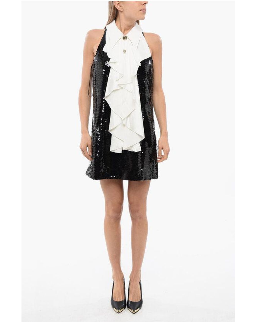 Balmain Black Sleeveless Sequin Dress With Collar Detail