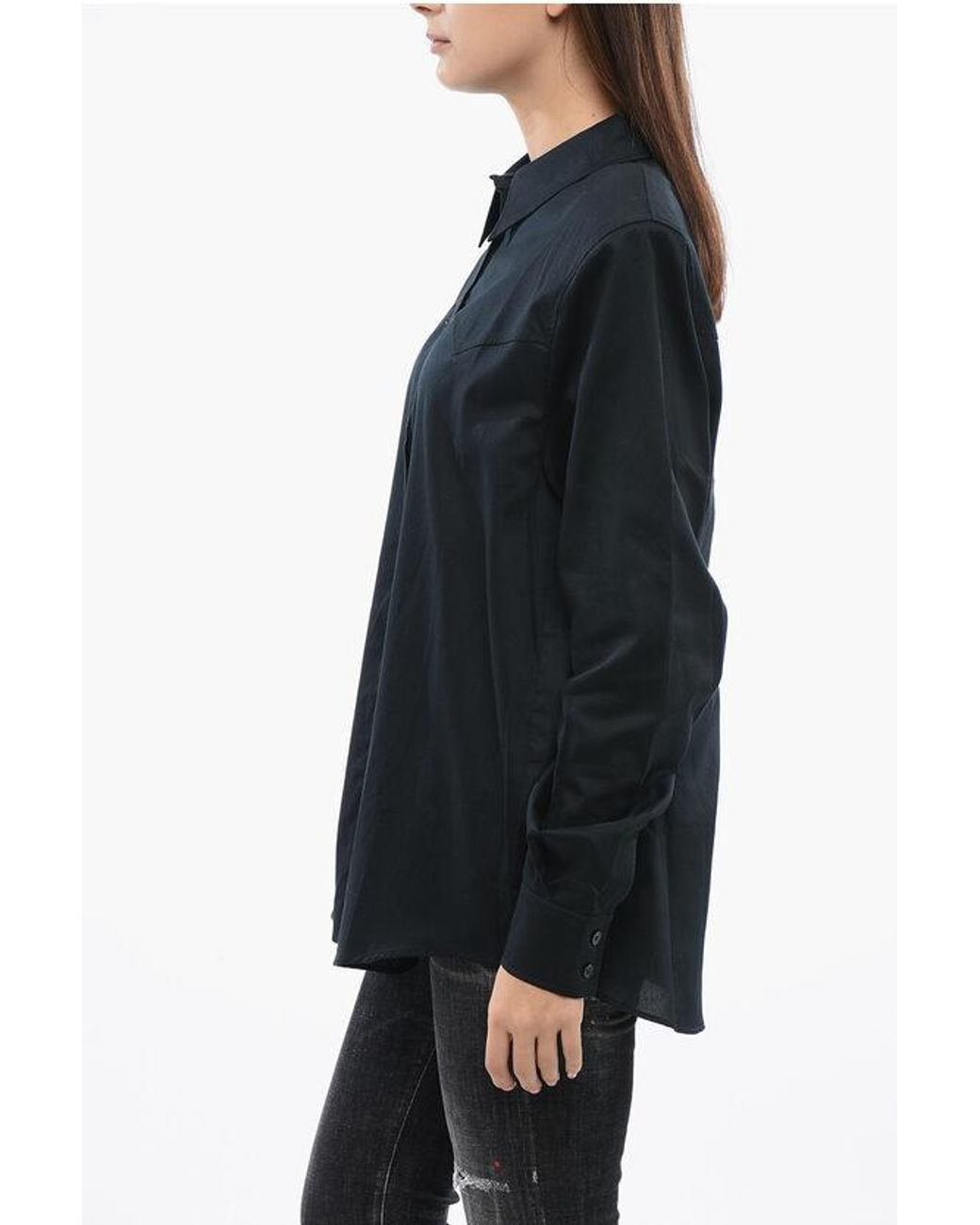 ANDAMANE Black Cotton Blouse With Padded Shoulders
