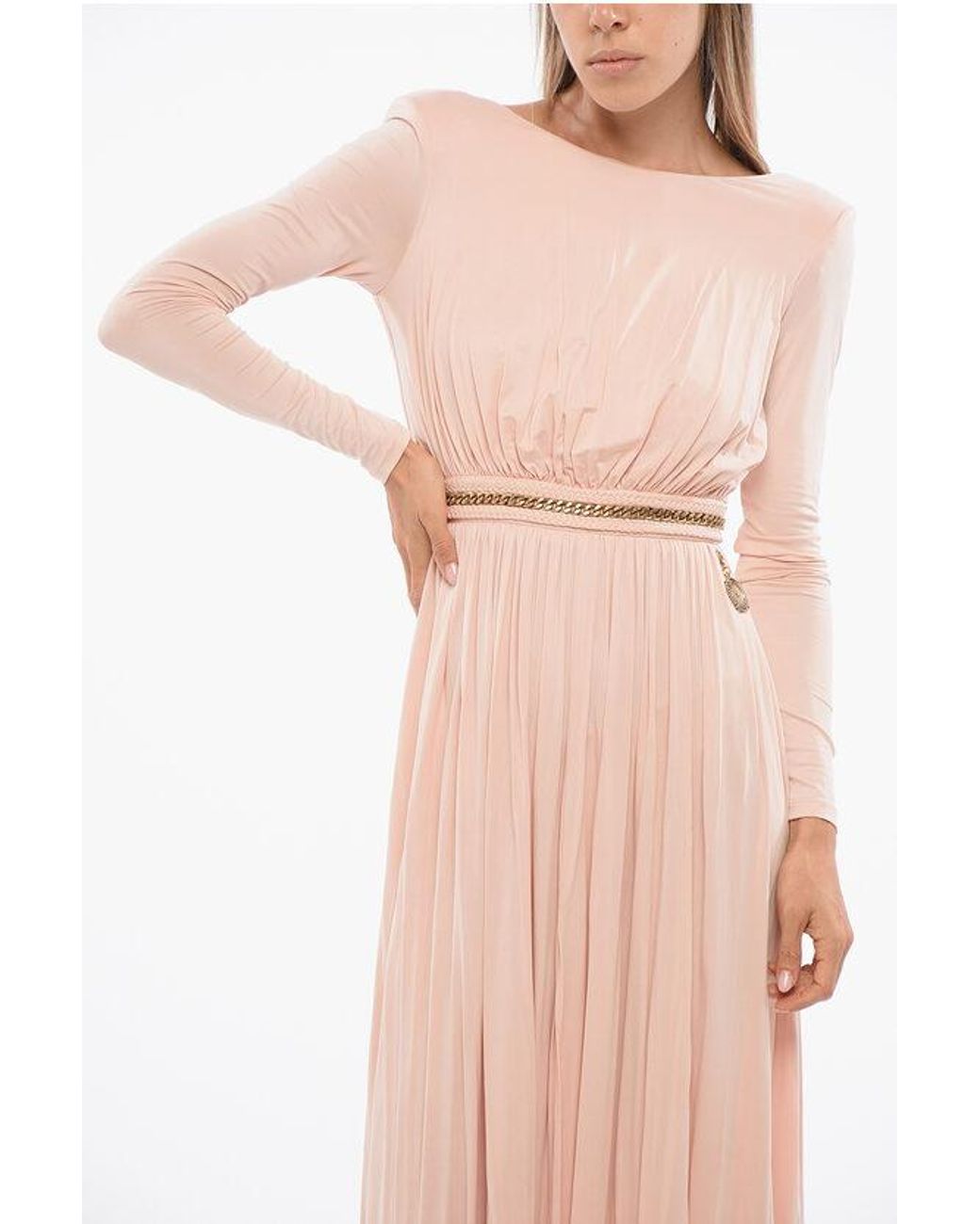 Elisabetta Franchi Pink Stretch Fabric Flared Dress With Chain Detail