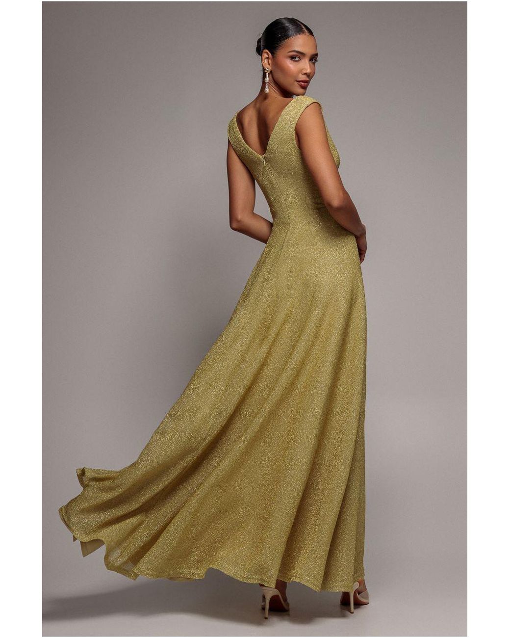 Goddiva Natural Crossover Lurex Glitter Maxi Dress