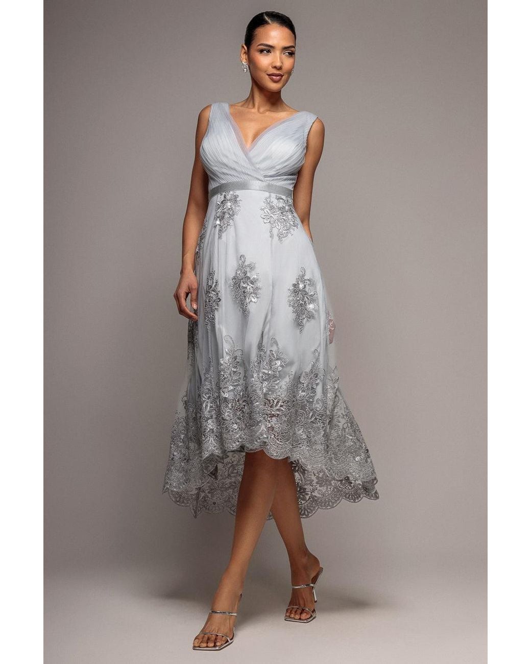 Goddiva Gray Pleated Satin Bodice High And Low Dress