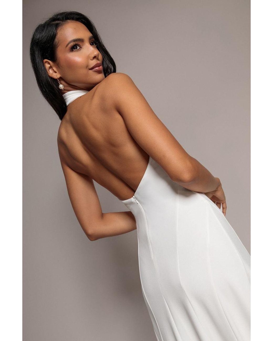 Goddiva Gray Halterneck Cowl Neck Backless Scuba Crepe Maxi Dress