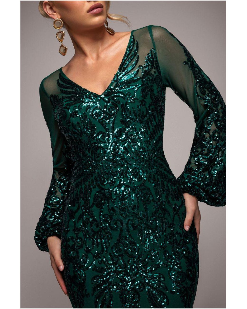 Goddiva Green Embellished Sequin Bishop Sleeve Maxi Dress