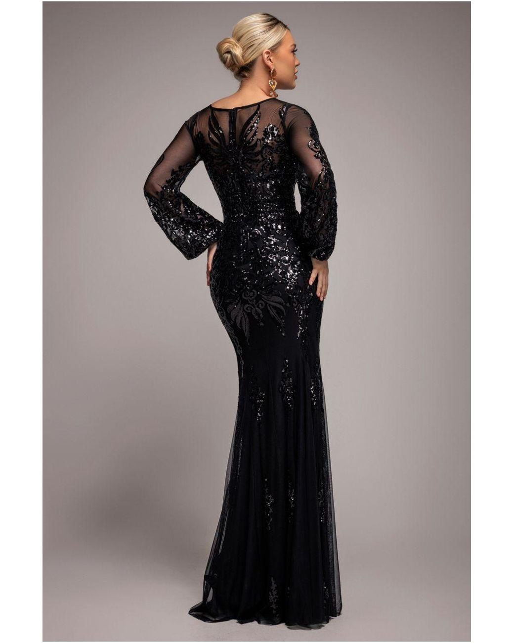 Goddiva Black Embellished Sequin Bishop Sleeve Maxi Dress
