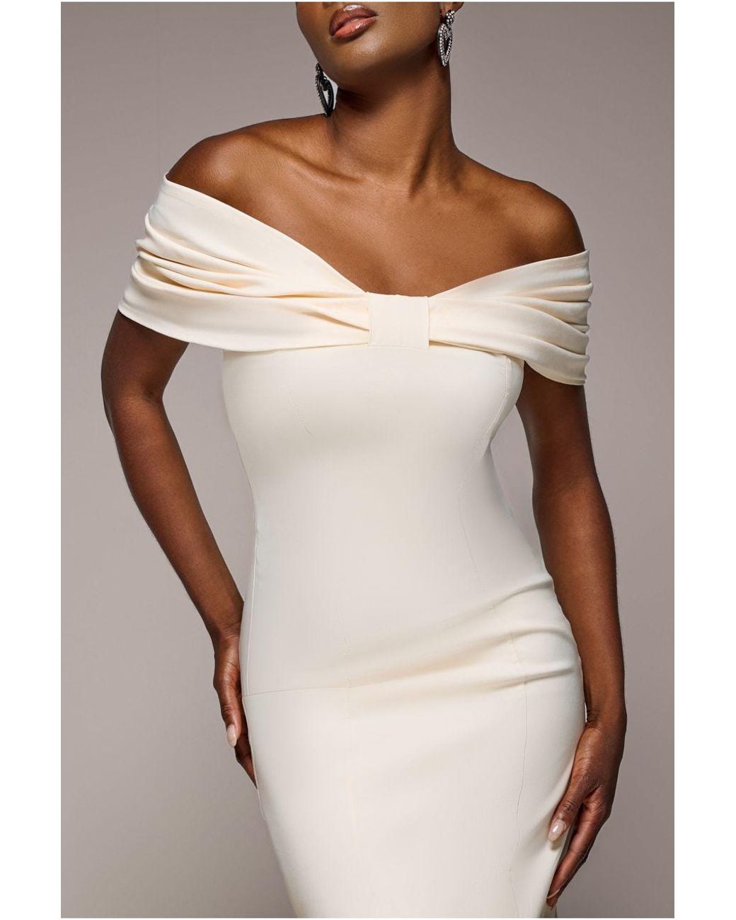 Goddiva Natural Bardot Bow Neck Maxi Dress