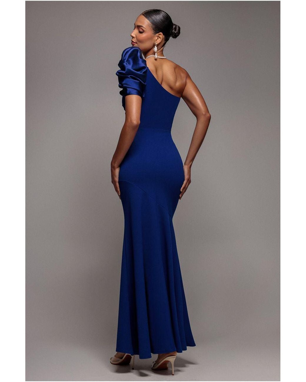 Goddiva Blue One Shoulder Puffed Satin Sleeve Evening Maxi Dress