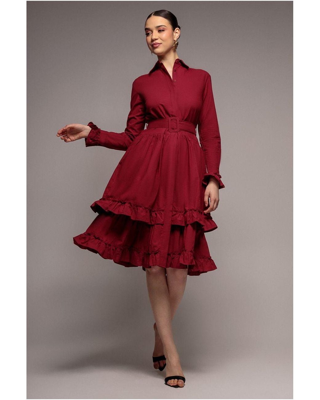 Goddiva Tiered Shirt Belted Long Sleeve Midi Dress