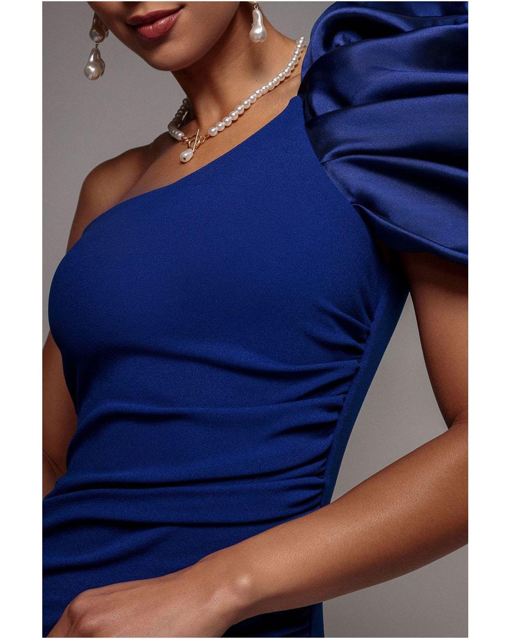 Goddiva Blue One Shoulder Puffed Satin Sleeve Evening Maxi Dress