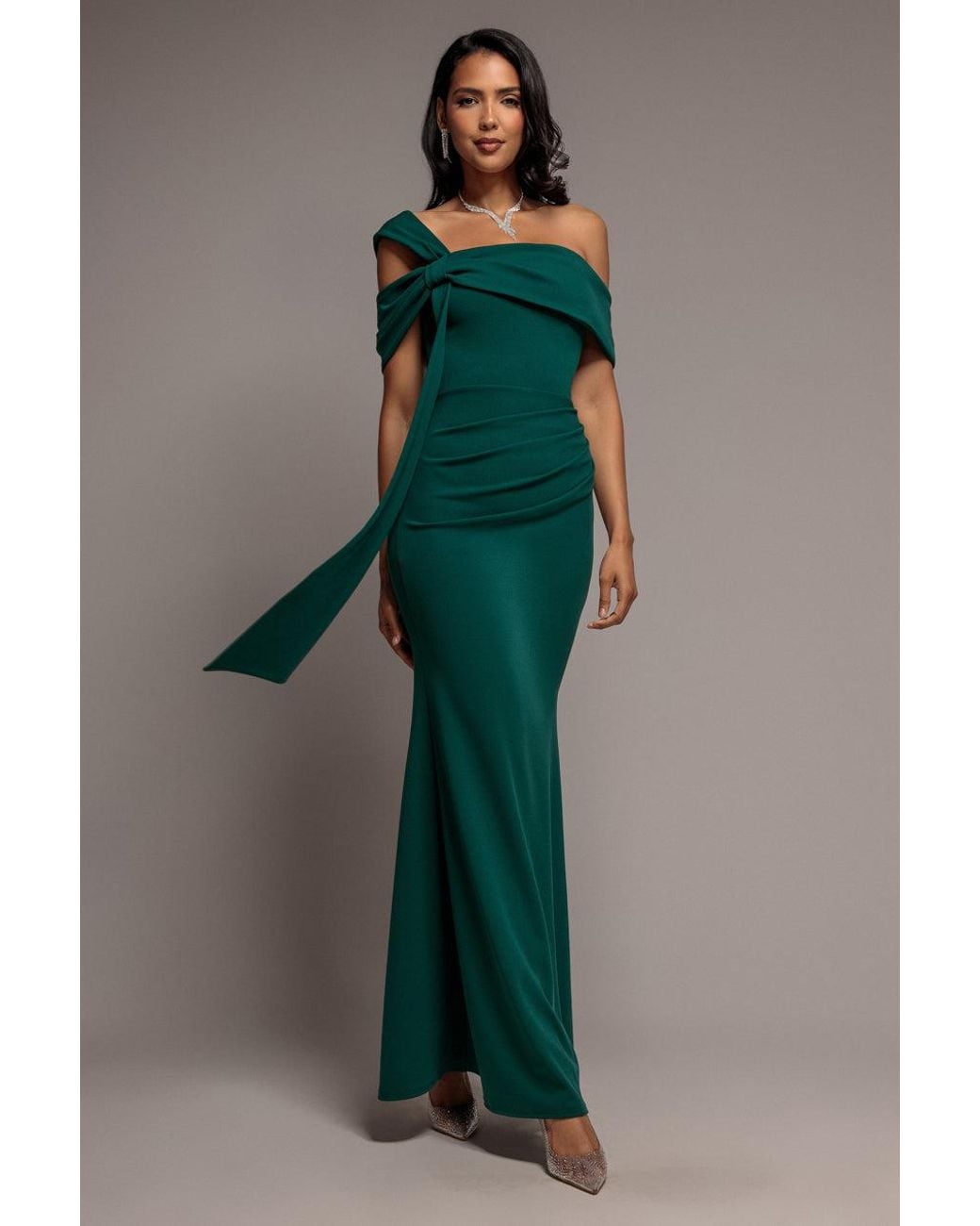 Goddiva Green One Shoulder Twisted Bardot Asymmetric Mermaid Maxi Dress