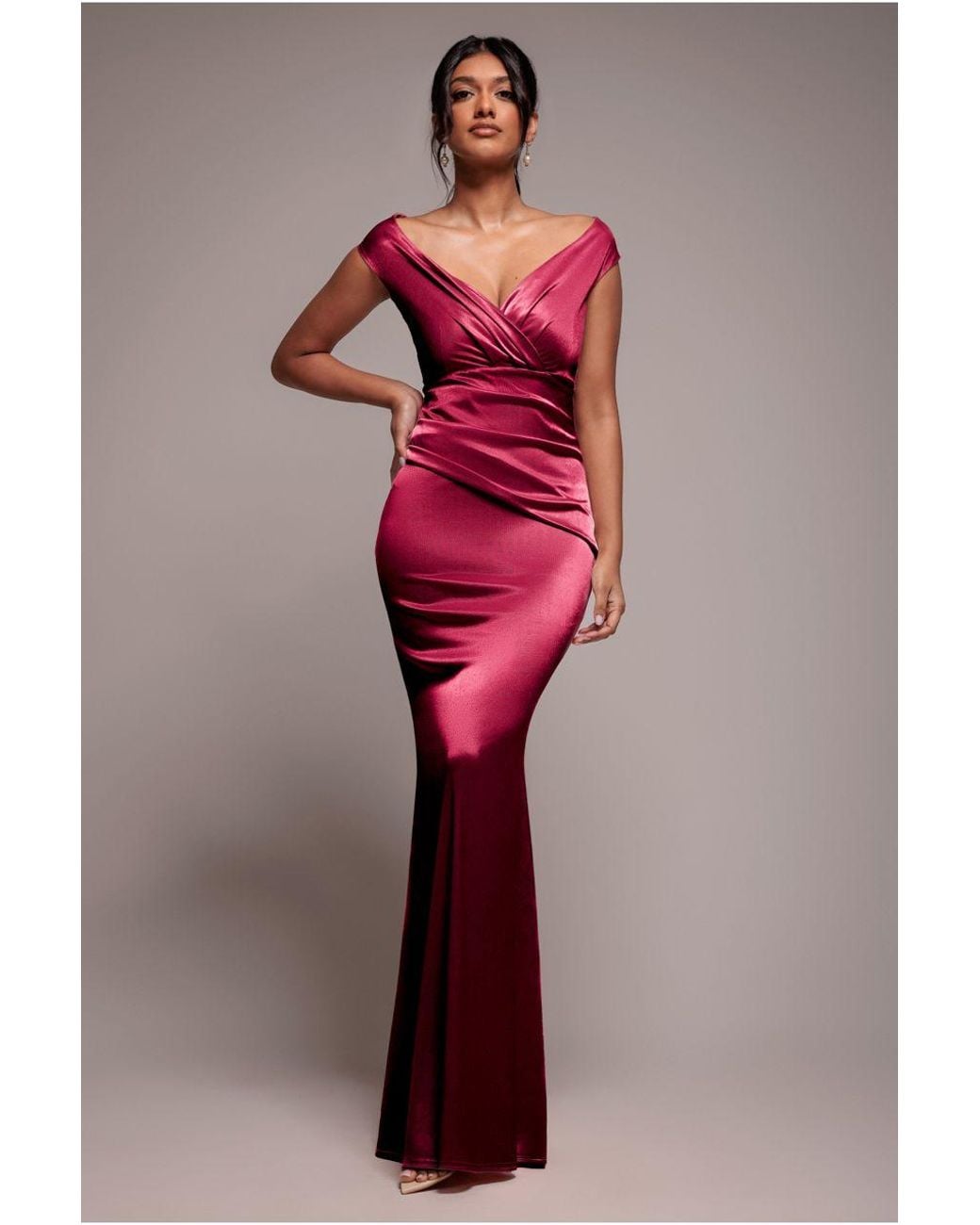 Goddiva Red Satin Off The Shoulder Maxi Dress