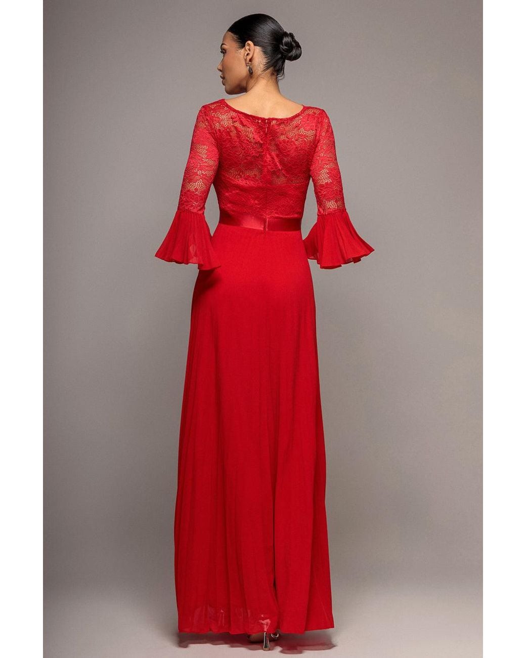 Goddiva Red Scalloped Lace Bodice Pleated Chiffon A Line Maxi Dress
