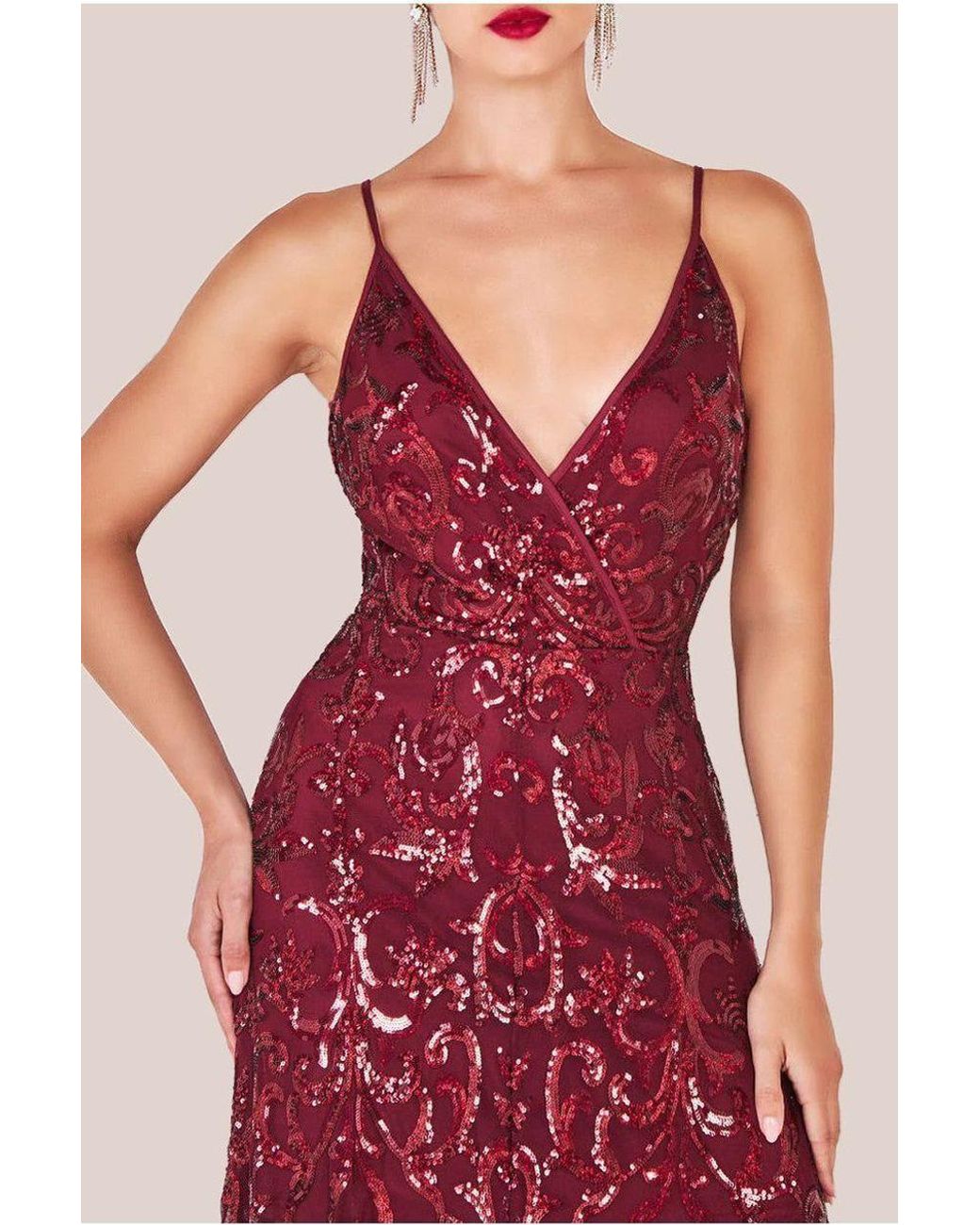 Goddiva Red Iridescent Sequin Maxi With Front Split