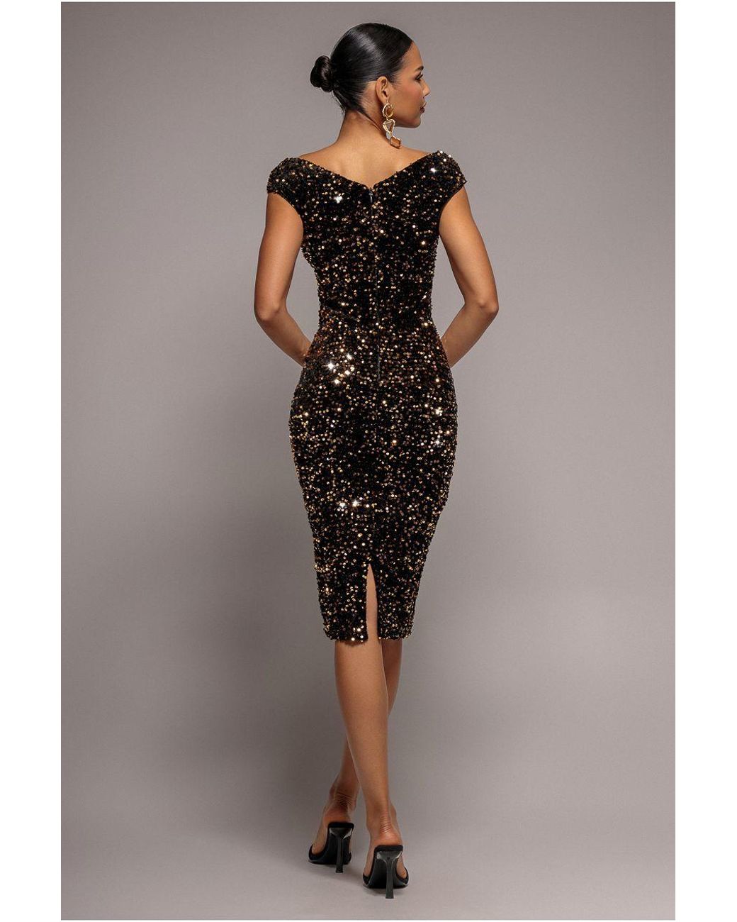 Goddiva Metallic Multi Sequin & Velvet Bardot Midi Dress