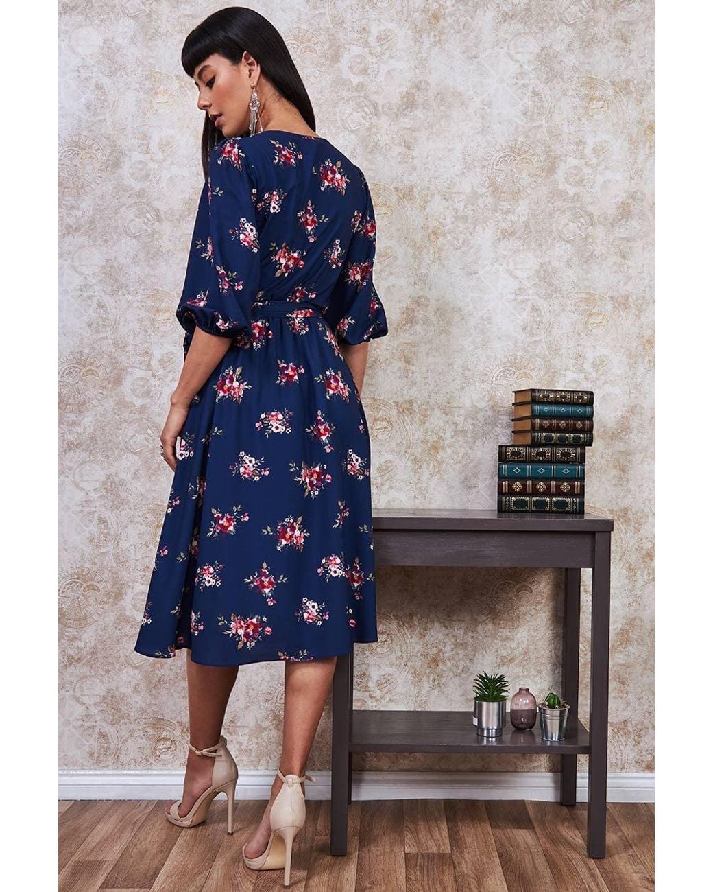 Goddiva Blue Wrap Style Floral Midi Dress