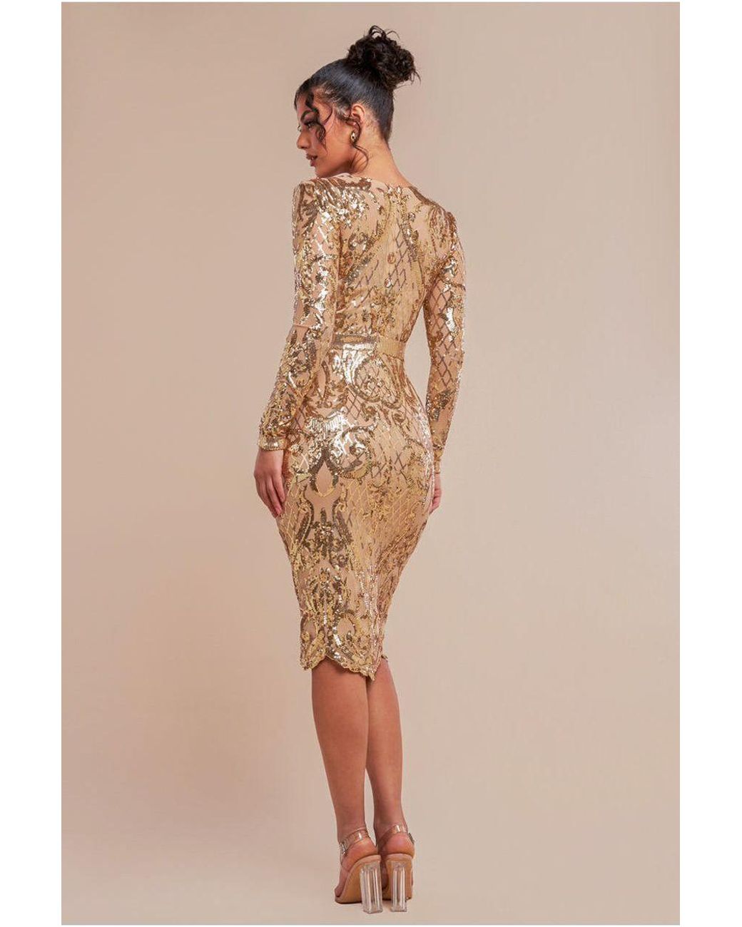 Goddiva Natural Sequin Square Neck Bodycon Midi Dress With Scalloped Hem