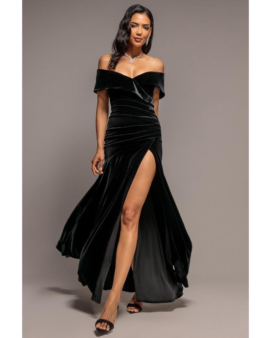 Goddiva Black Velvet Off Shoulder Pleated A Line Maxi Dress