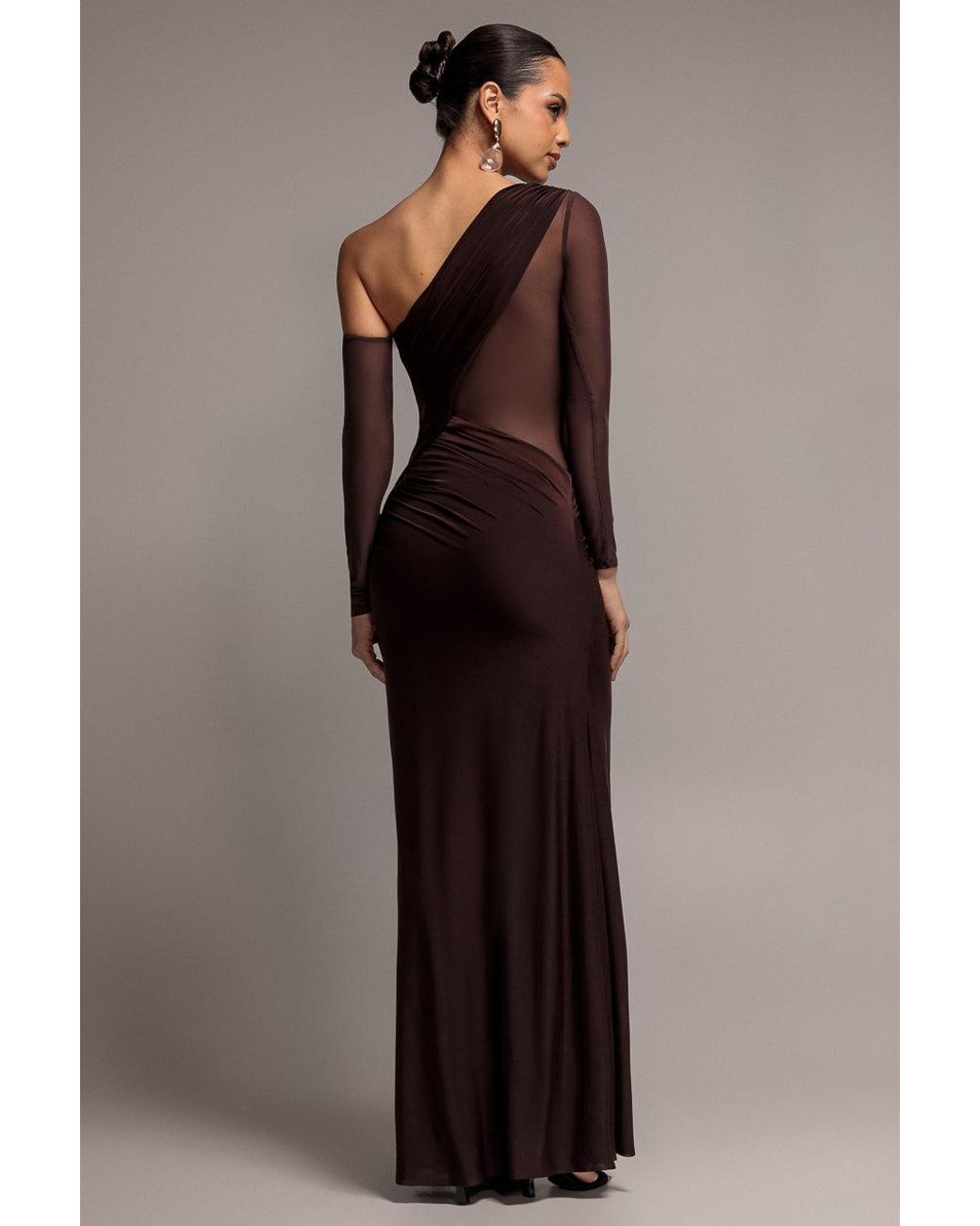 Goddiva Brown Gathered Cowl Asymmetric Mesh And Soft Touch Maxi Dress