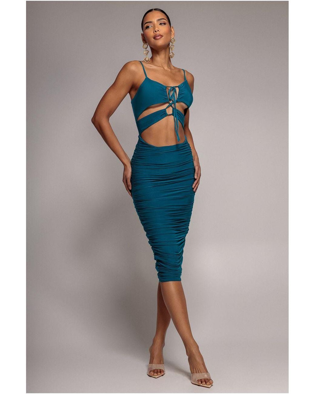 Goddiva Blue Cut Out Ruched Midi With Drawstring