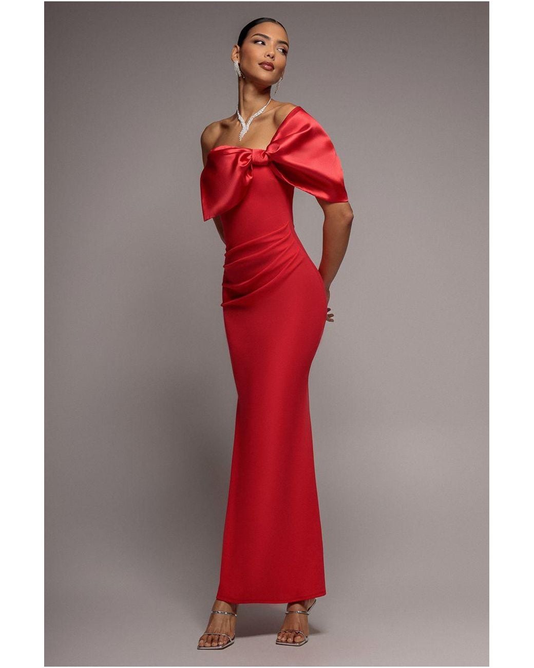 Goddiva Red Off The Shoulder Satin Bow Neck Maxi Dress
