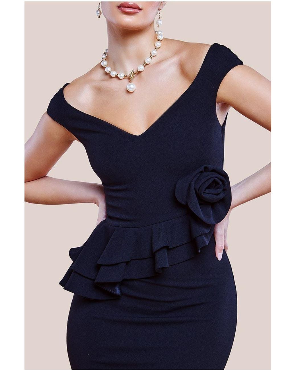 Goddiva Blue Scuba Crepe Rose Frill Maxi Dress