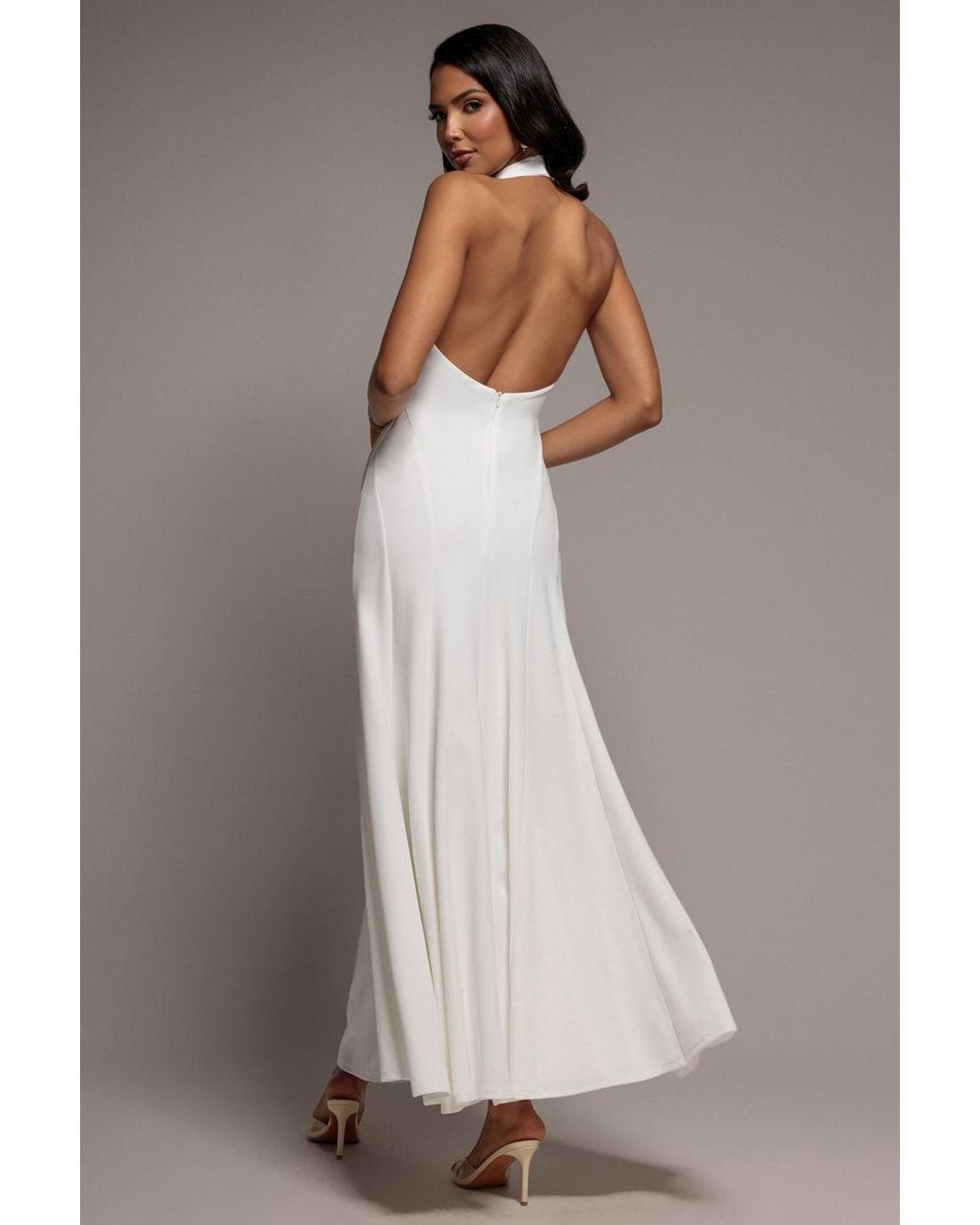 Goddiva Gray Halterneck Cowl Neck Backless Scuba Crepe Maxi Dress
