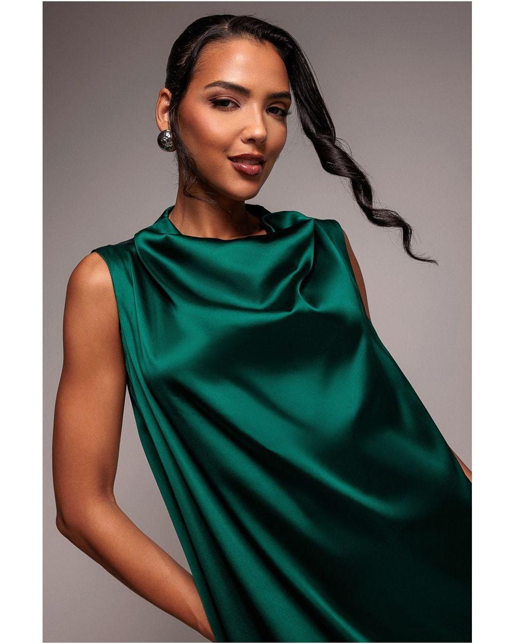Goddiva Green Cowl Neck Back Wing Satin High Low Midi Dress