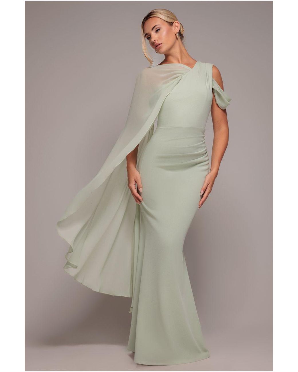 Goddiva Gray One Shoulder Chiffon Cape Crepe Maxi Dress