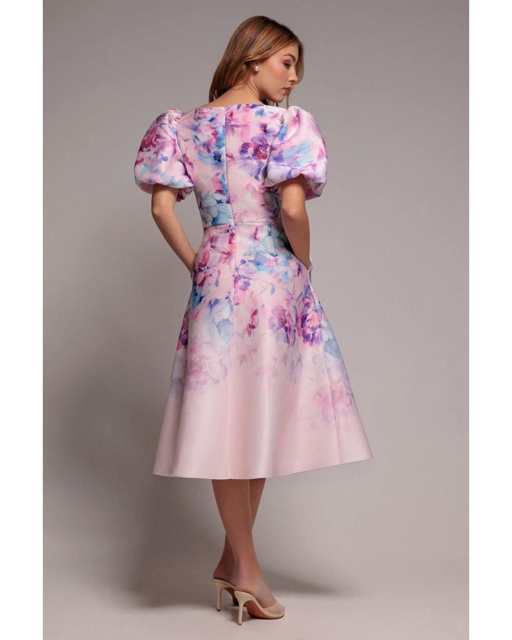 Goddiva Pink Printed Scuba Square Neck Puff Sleeve Midi Dress