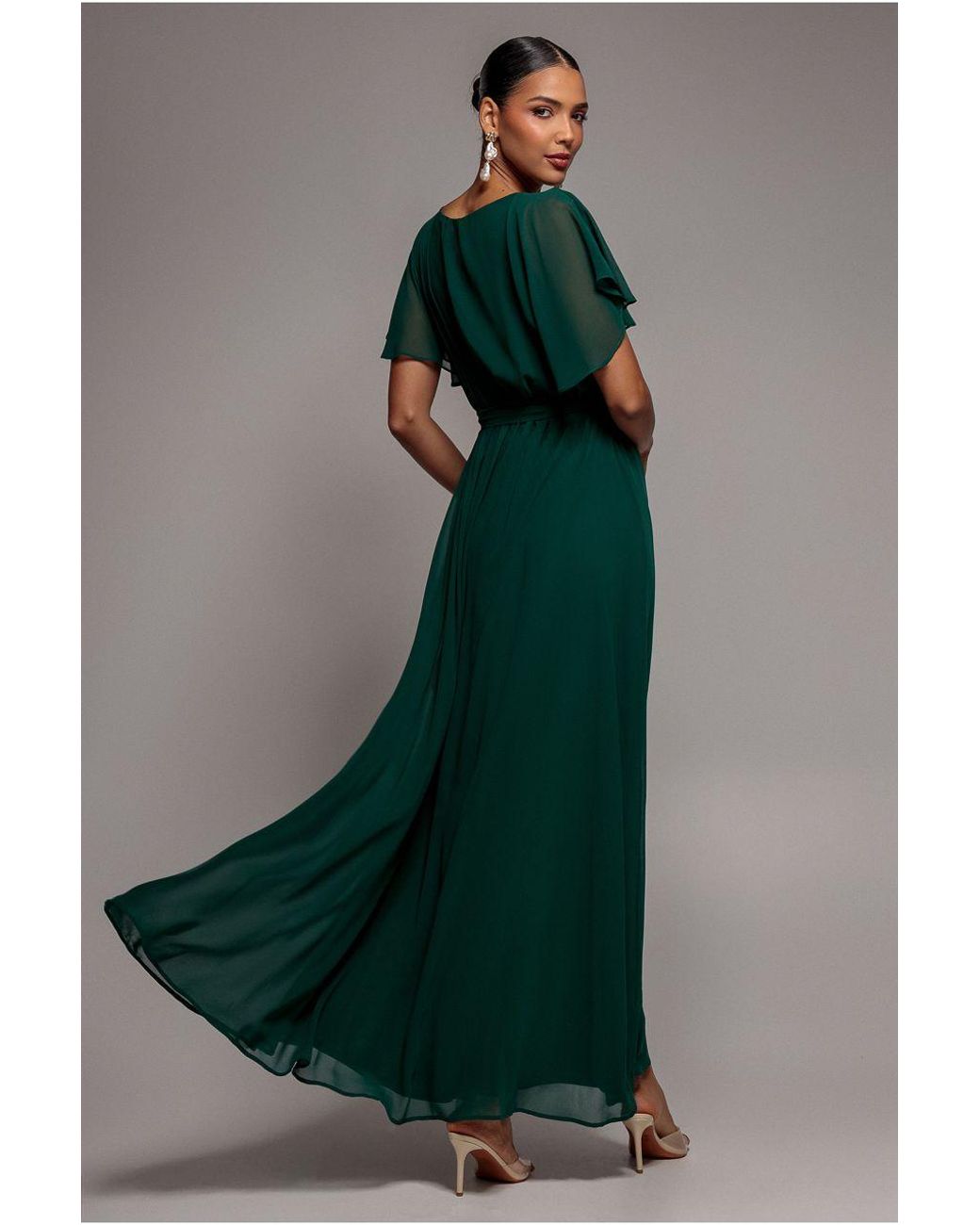 Goddiva Blue Sustainable Chiffon Flutter Sleeve Wrap Maxi Dress