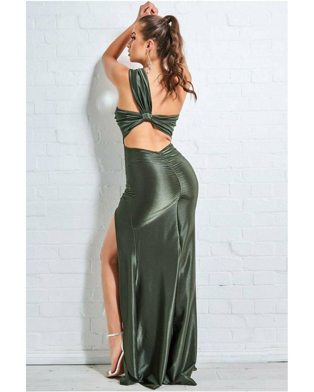 Goddiva Green Ruched One Shoulder Maxi With Ring Detail
