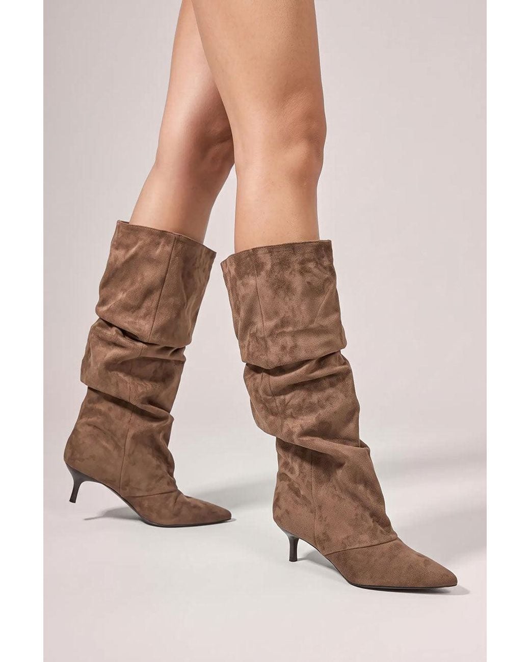 Goddiva Brown Pointed-Toe Knee High Slouchy Kitten Heel Boots