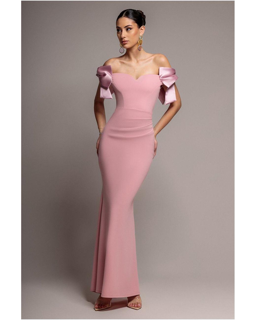 Goddiva Pink Satin Bow Bardot Sheath Maxi Dress