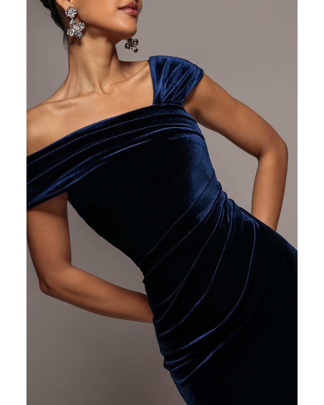 Goddiva Blue One Shoulder Velvet Maxi Dress