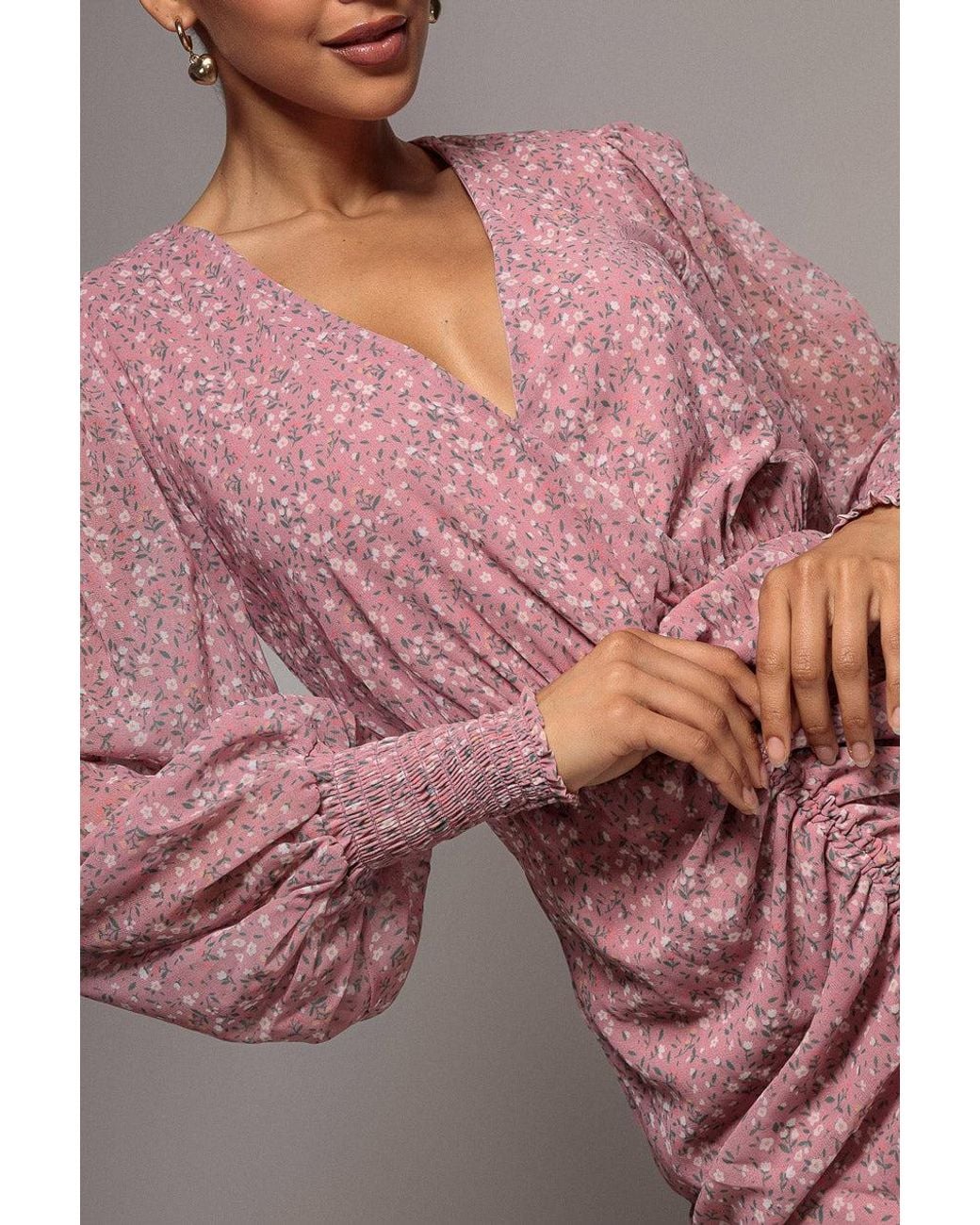 Goddiva Gray Printed Long Sleeve Drawstring Midi Dress
