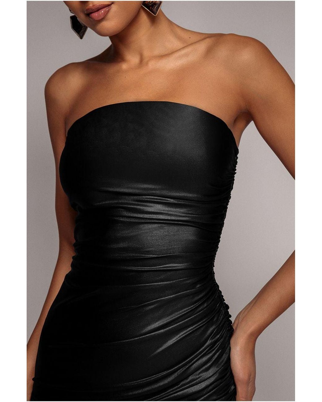 Goddiva Brown Bandeau Faux Leather Midi Dress
