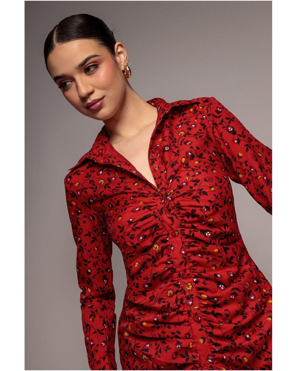 Goddiva Red Floral Print Shirt Dress