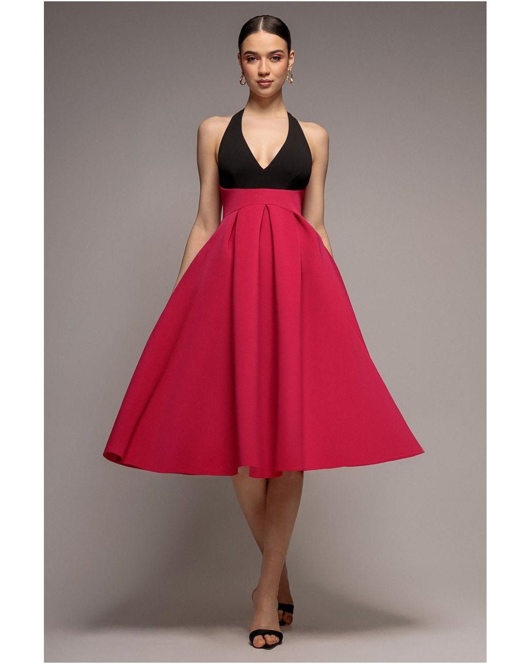 Goddiva Pink Contrast Halter Neck Pleated A-Line Midaxi Dress