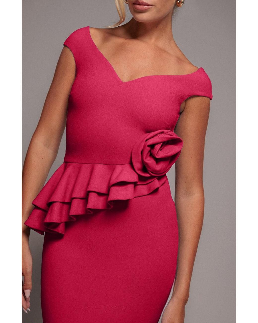 Goddiva Pink Scuba Crepe Rose Frill Maxi Dress