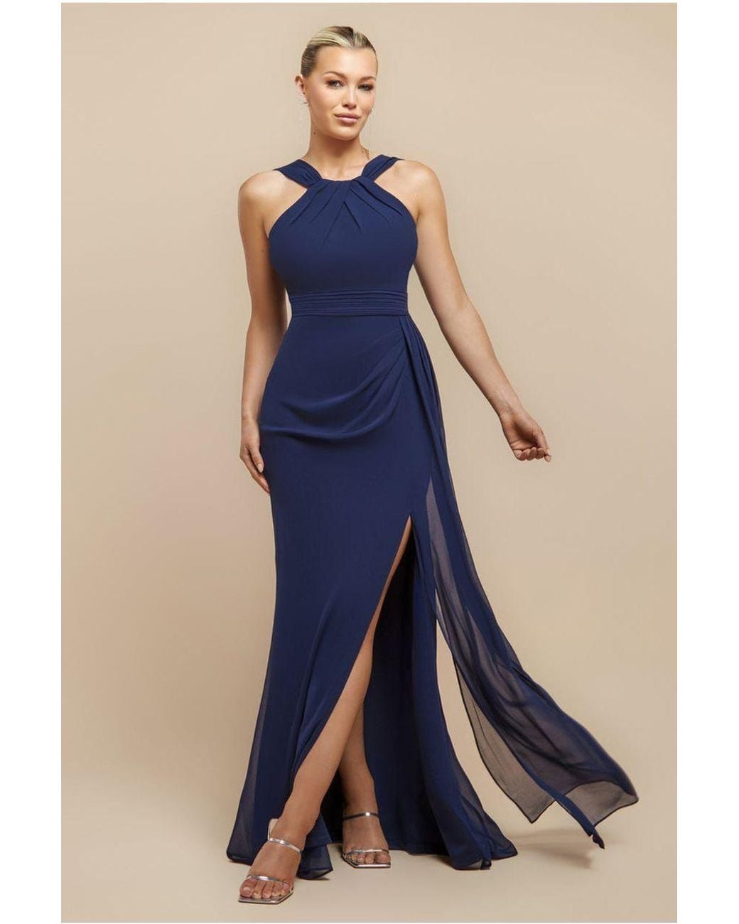 Goddiva Blue Halterneck Thigh Split Chiffon Maxi Dress
