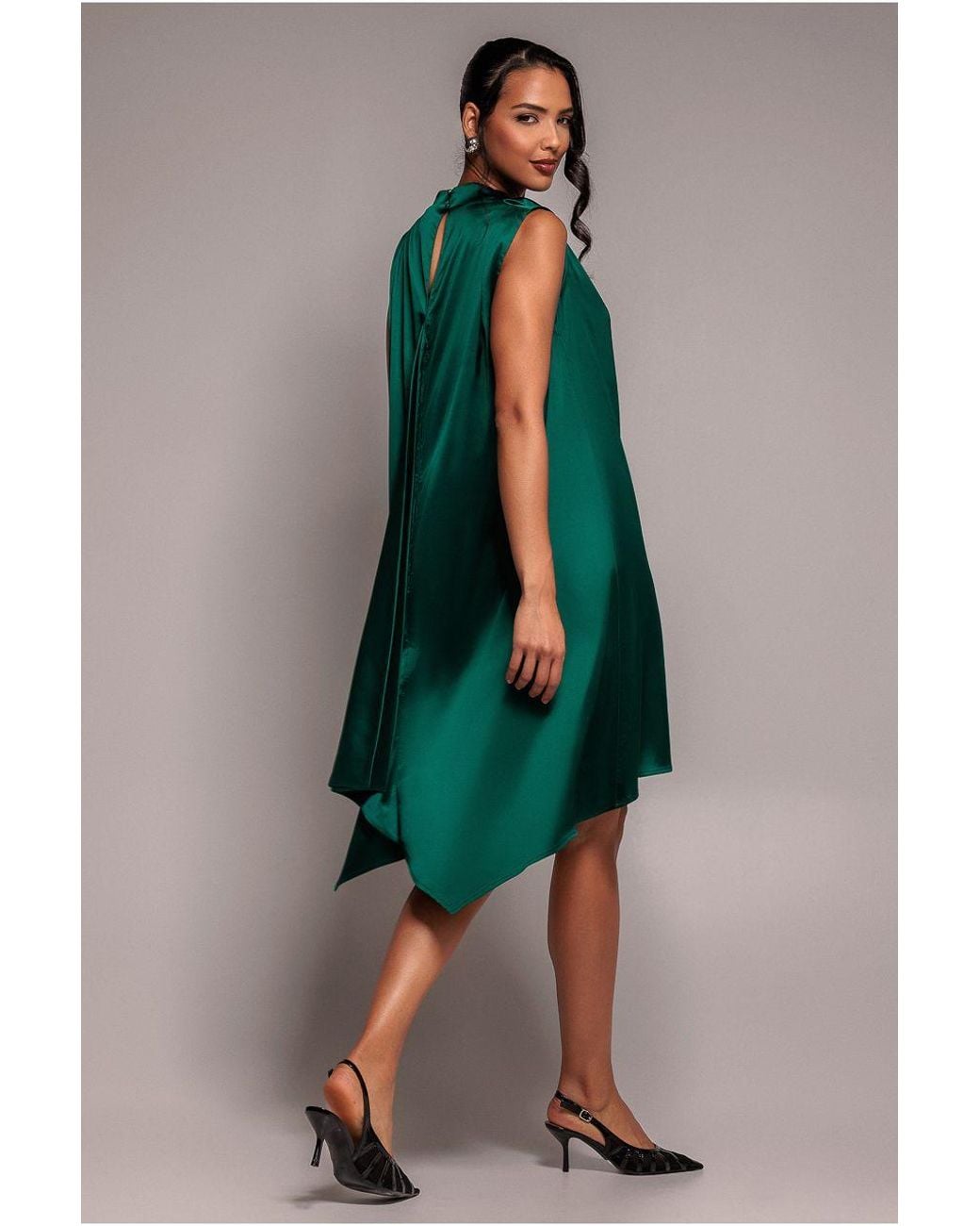 Goddiva Green Cowl Neck Back Wing Satin High Low Midi Dress
