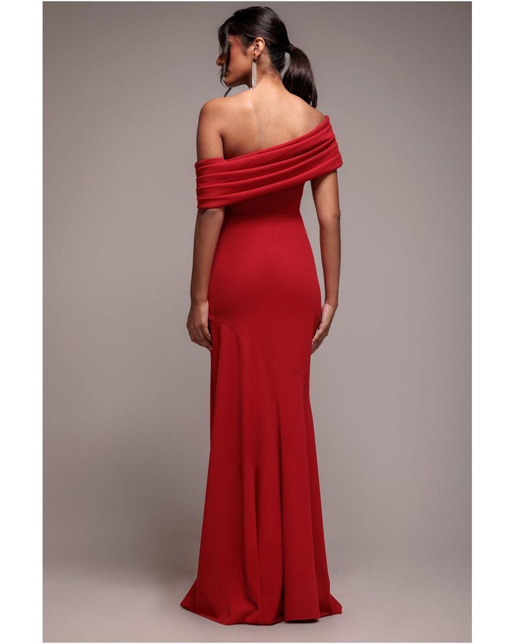 Goddiva Red Pleated One Shoulder Bardot Fit And Flare Maxi Dress