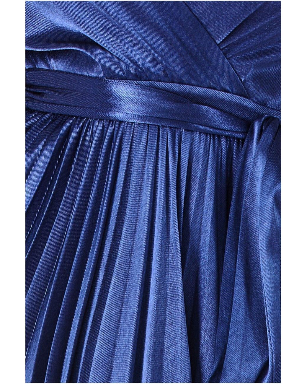 Goddiva Blue Satin Pleated Skirt Wrap Midi Dress